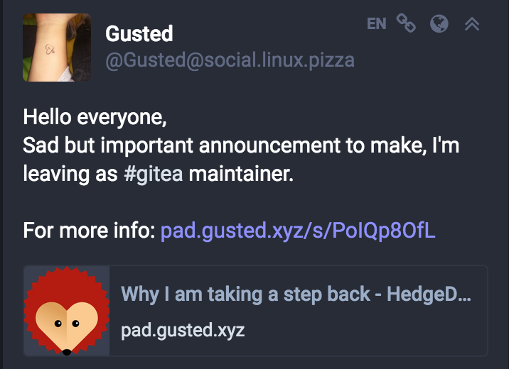 Gusted leaving gitea as maintainer